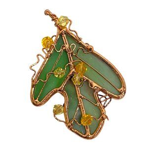 Green Stained Glass Copper Leaf Pin Brooch With Yellow Crystal Accents Handmade